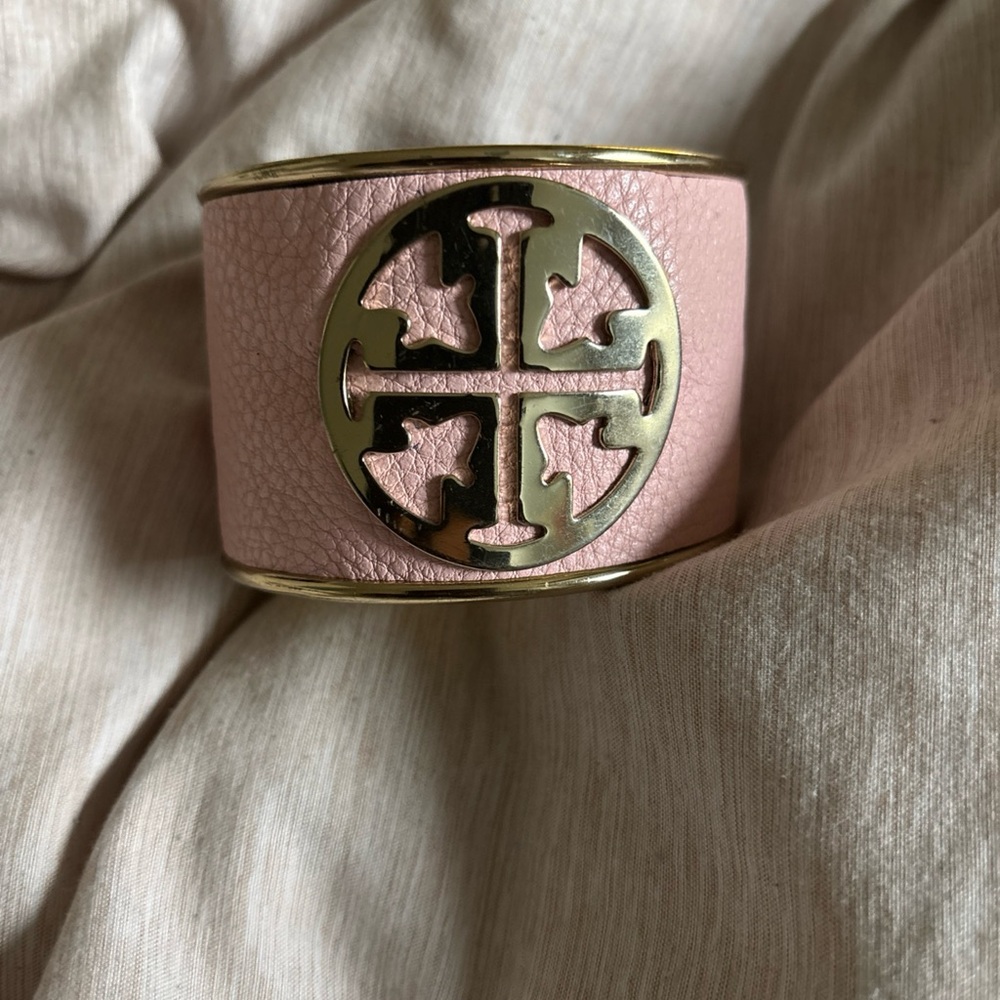 Pink Leather Tory Burch Cuff Bracelet with Gold Emblem